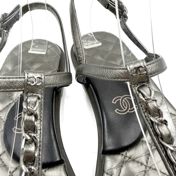 Chanel Thong Sandals Chain CC Logo Dark Silver Leather Quilted Flat 37.5 / 7.5 - Picture 5 of 11